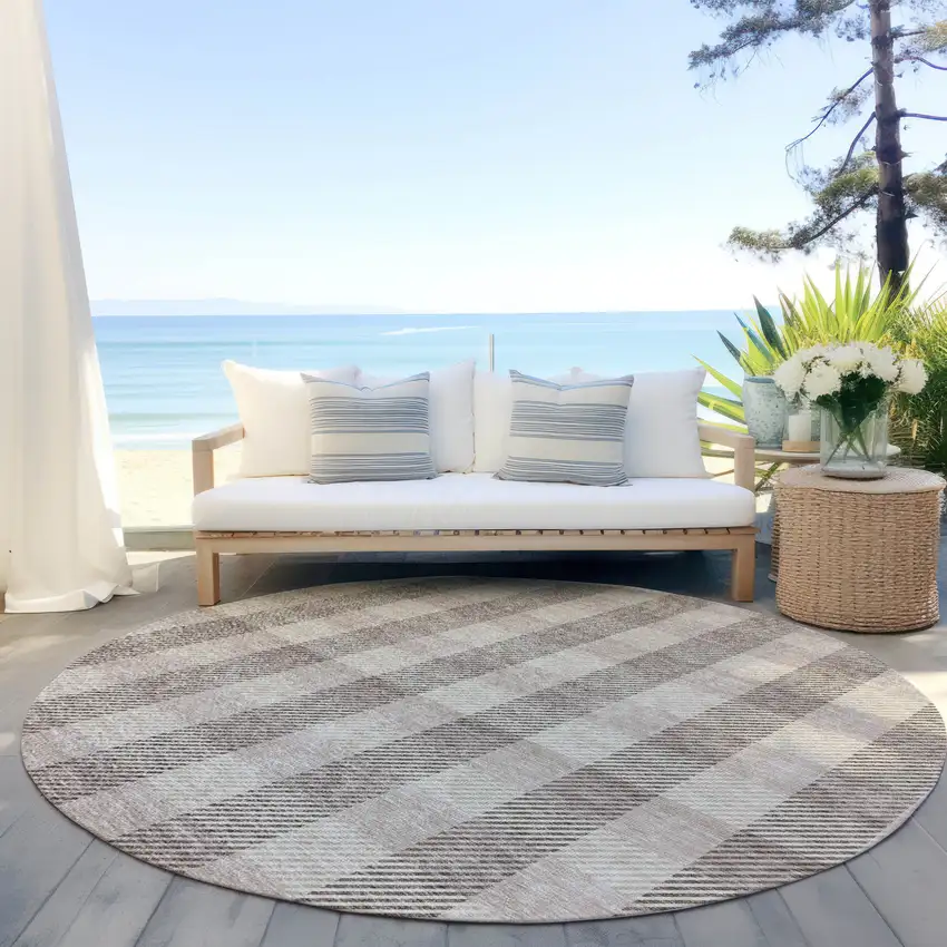 8' Beige And Brown Round Plaid Washable Indoor Outdoor Area Rug Photo 5
