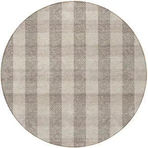 Photo of 8' Beige And Brown Round Plaid Washable Indoor Outdoor Area Rug