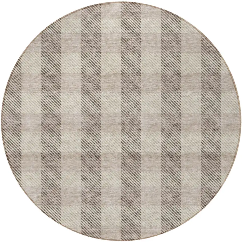 8' Beige And Brown Round Plaid Washable Indoor Outdoor Area Rug Photo 4