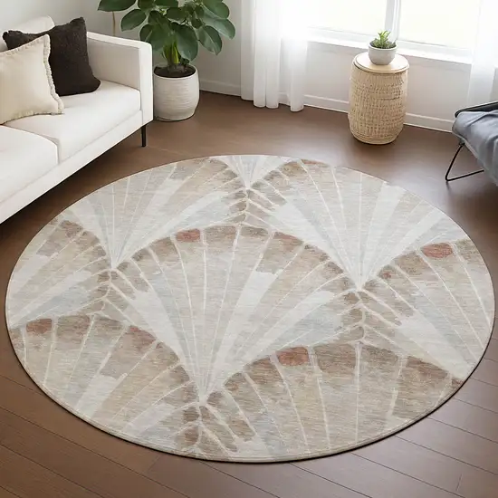 8' Beige And Brown Round Seashell Washable Indoor Outdoor Area Rug Photo 5