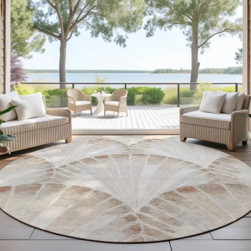 8' Beige And Brown Round Seashell Washable Indoor Outdoor Area Rug Photo 4