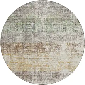 Photo of 8' Beige And Brown Round Striped Washable Indoor Outdoor Area Rug