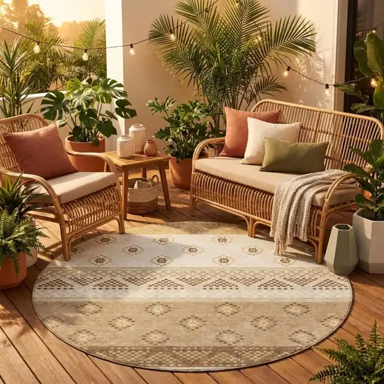 8' Beige And Brown Round Striped Washable Indoor Outdoor Area Rug Photo 1