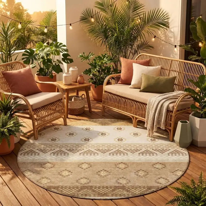 8' Beige And Brown Round Striped Washable Indoor Outdoor Area Rug Photo 1