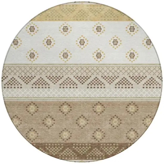 8' Beige And Brown Round Striped Washable Indoor Outdoor Area Rug Photo 3