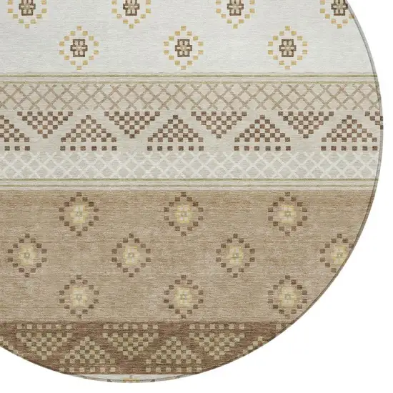 8' Beige And Brown Round Striped Washable Indoor Outdoor Area Rug Photo 4