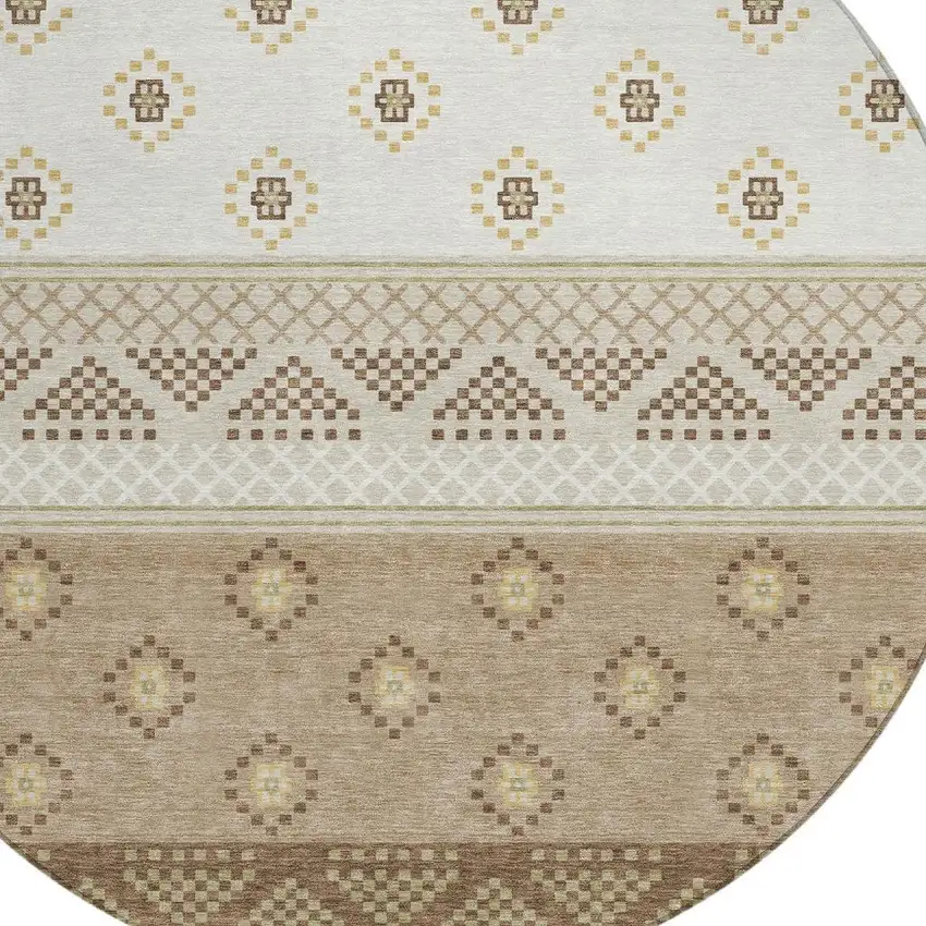 8' Beige And Brown Round Striped Washable Indoor Outdoor Area Rug Photo 5