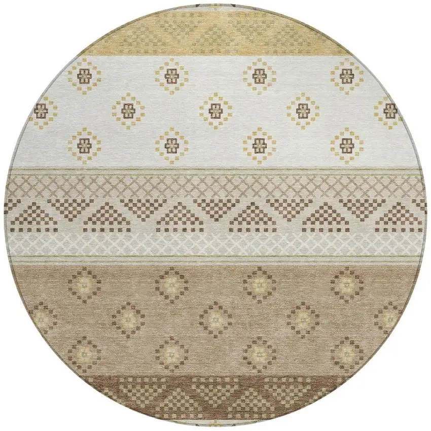 8' Beige And Brown Round Striped Washable Indoor Outdoor Area Rug Photo 3