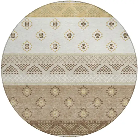 8' Beige And Brown Round Striped Washable Indoor Outdoor Area Rug Photo 2
