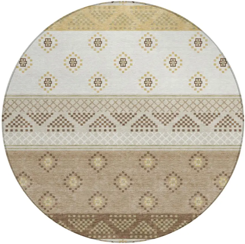 8' Beige And Brown Round Striped Washable Indoor Outdoor Area Rug Photo 2
