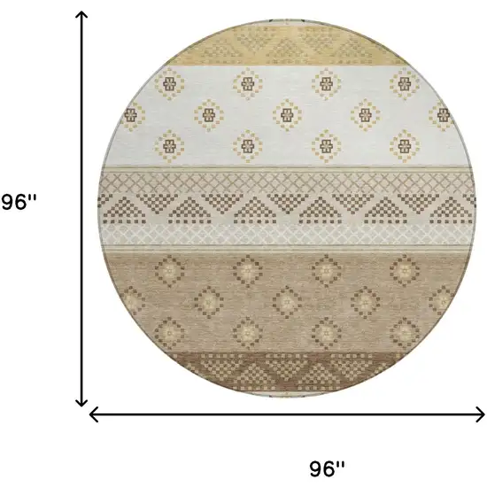 8' Beige And Brown Round Striped Washable Indoor Outdoor Area Rug Photo 8