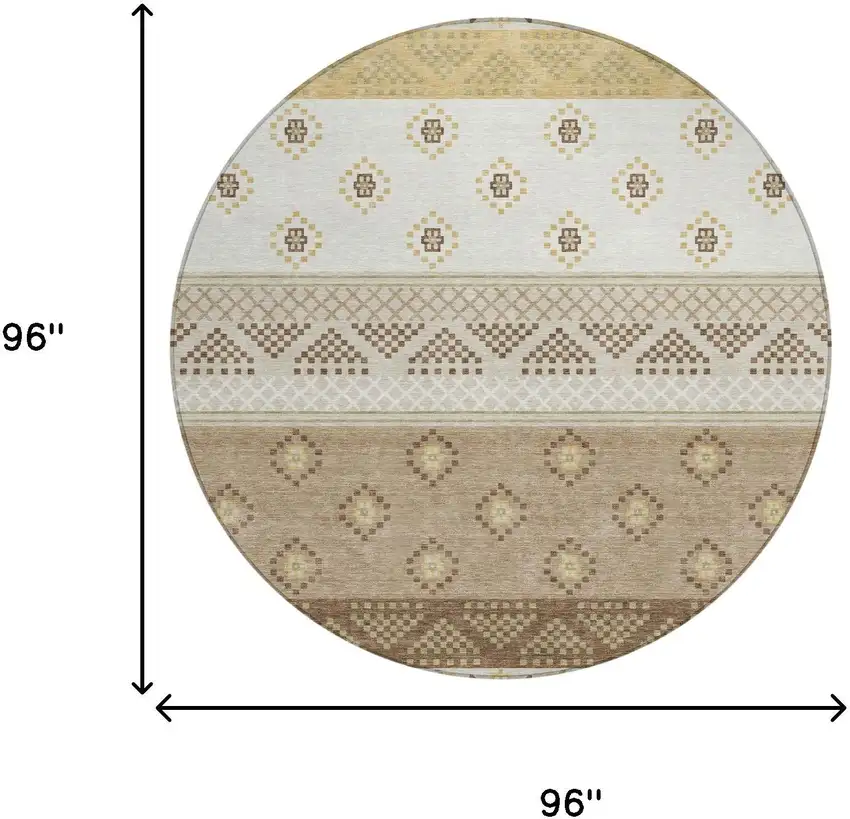 8' Beige And Brown Round Striped Washable Indoor Outdoor Area Rug Photo 8