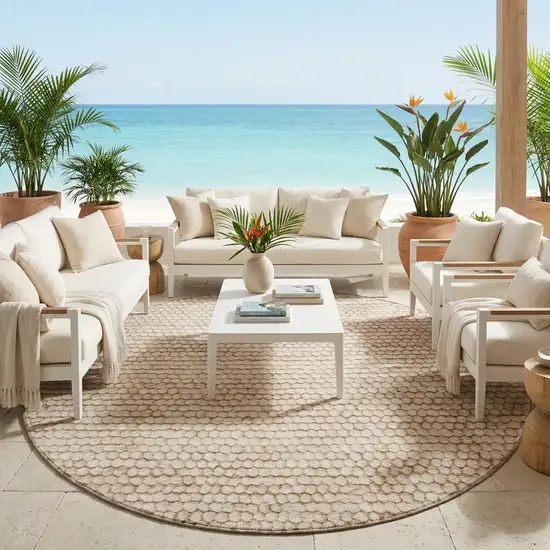 8' Beige And Brown Round Striped Washable Indoor Outdoor Area Rug Photo 1