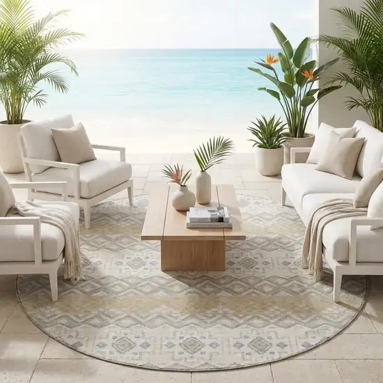 8' Beige And Brown Round Striped Washable Indoor Outdoor Area Rug Photo 1