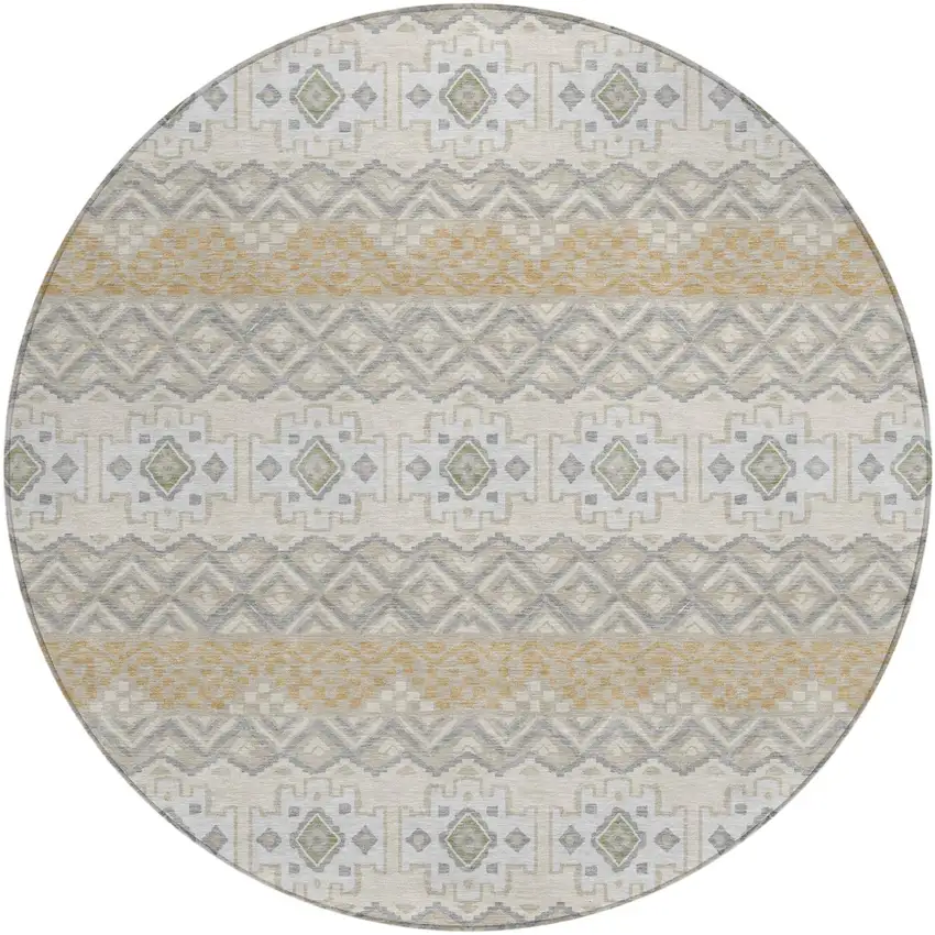 8' Beige And Brown Round Striped Washable Indoor Outdoor Area Rug Photo 2