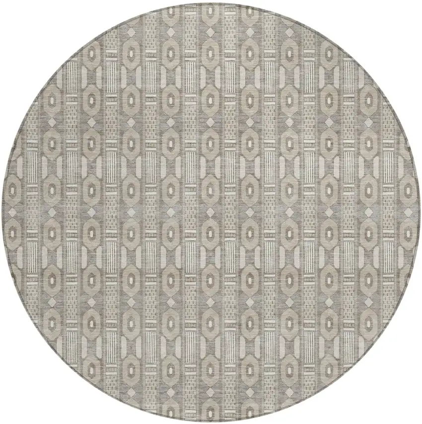 8' Beige And Brown Round Striped Washable Indoor Outdoor Area Rug Photo 2