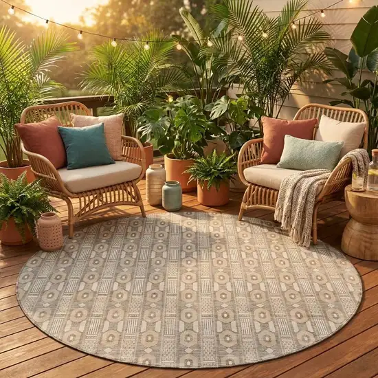 8' Beige And Brown Round Striped Washable Indoor Outdoor Area Rug Photo 1