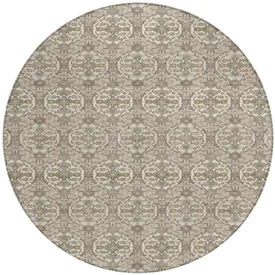 8' Beige And Brown Round Striped Washable Indoor Outdoor Area Rug Photo 1