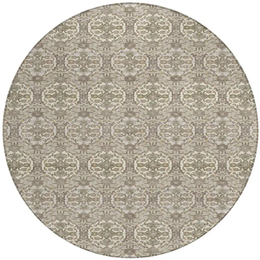 8' Beige And Brown Round Striped Washable Indoor Outdoor Area Rug Photo 1