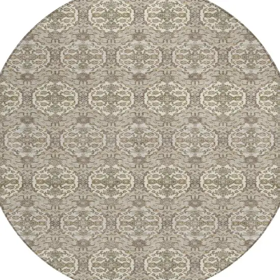 8' Beige And Brown Round Striped Washable Indoor Outdoor Area Rug Photo 3