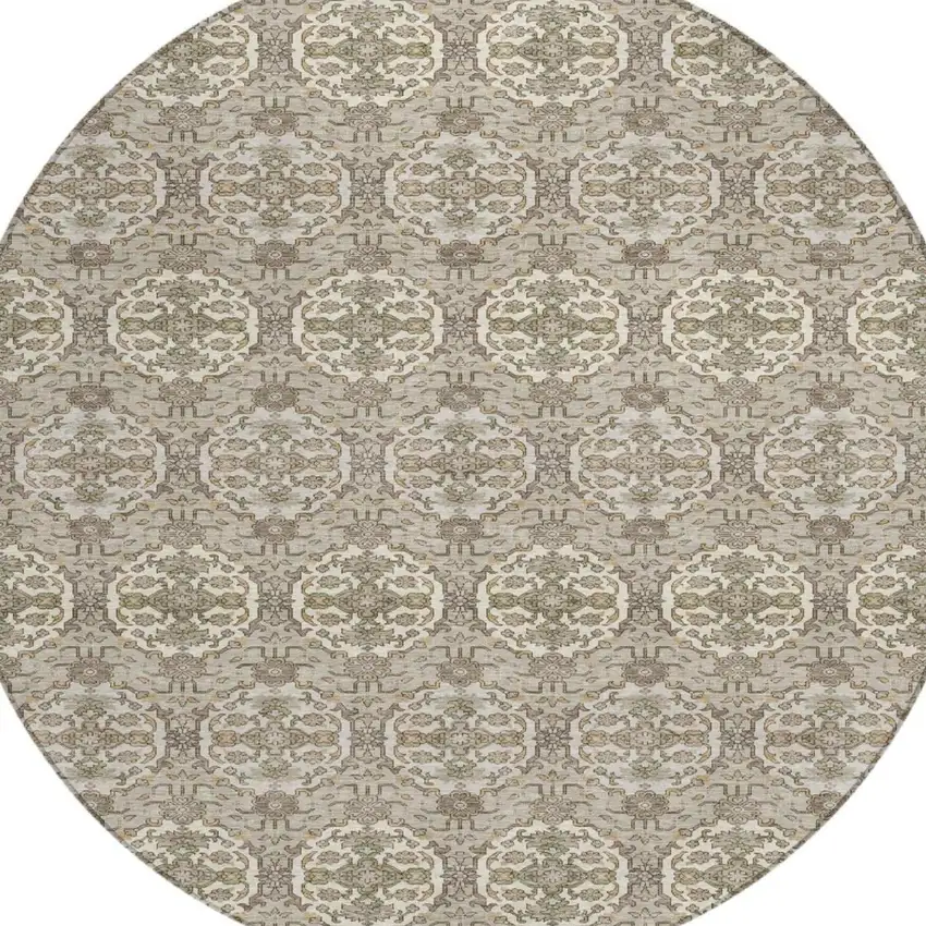 8' Beige And Brown Round Striped Washable Indoor Outdoor Area Rug Photo 3