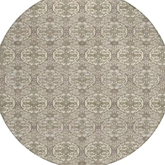 8' Beige And Brown Round Striped Washable Indoor Outdoor Area Rug Photo 2