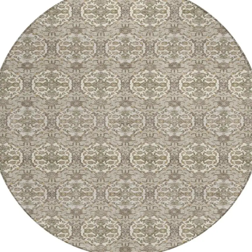 8' Beige And Brown Round Striped Washable Indoor Outdoor Area Rug Photo 2