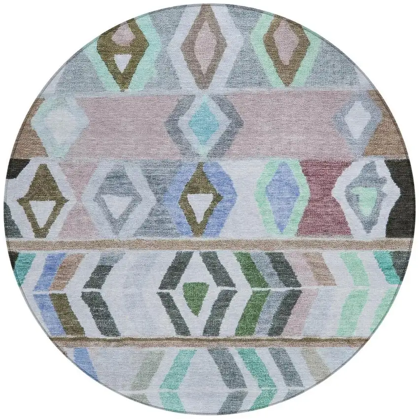 8' Beige And Brown Round Tribal Washable Indoor Outdoor Area Rug Photo 4