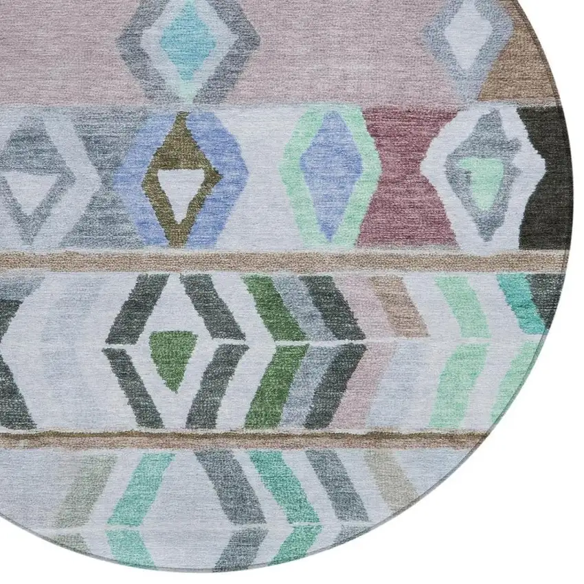 8' Beige And Brown Round Tribal Washable Indoor Outdoor Area Rug Photo 3