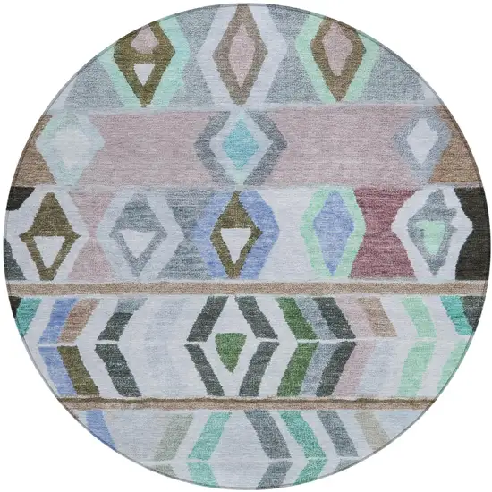 8' Beige And Brown Round Tribal Washable Indoor Outdoor Area Rug Photo 2