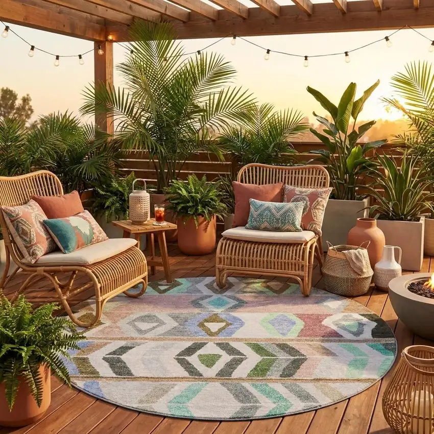 8' Beige And Brown Round Tribal Washable Indoor Outdoor Area Rug Photo 1