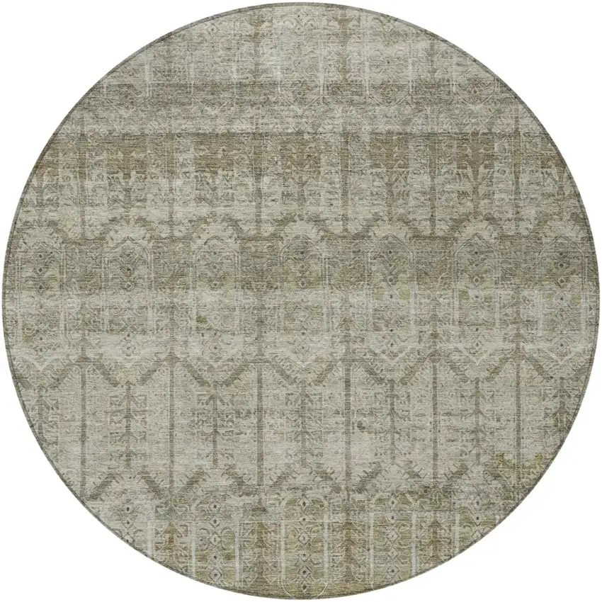 8' Beige And Brown Round Tribal Washable Indoor Outdoor Area Rug Photo 4