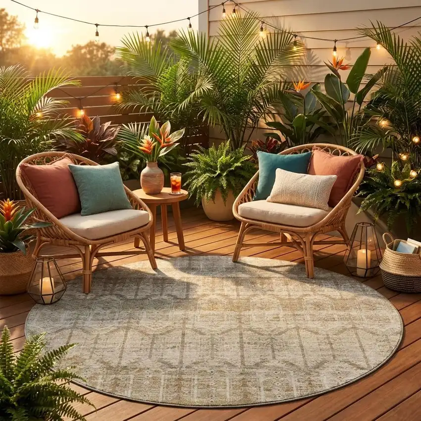 8' Beige And Brown Round Tribal Washable Indoor Outdoor Area Rug Photo 1