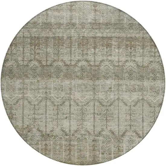 8' Beige And Brown Round Tribal Washable Indoor Outdoor Area Rug Photo 3