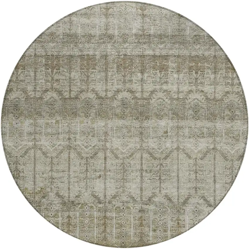 8' Beige And Brown Round Tribal Washable Indoor Outdoor Area Rug Photo 3