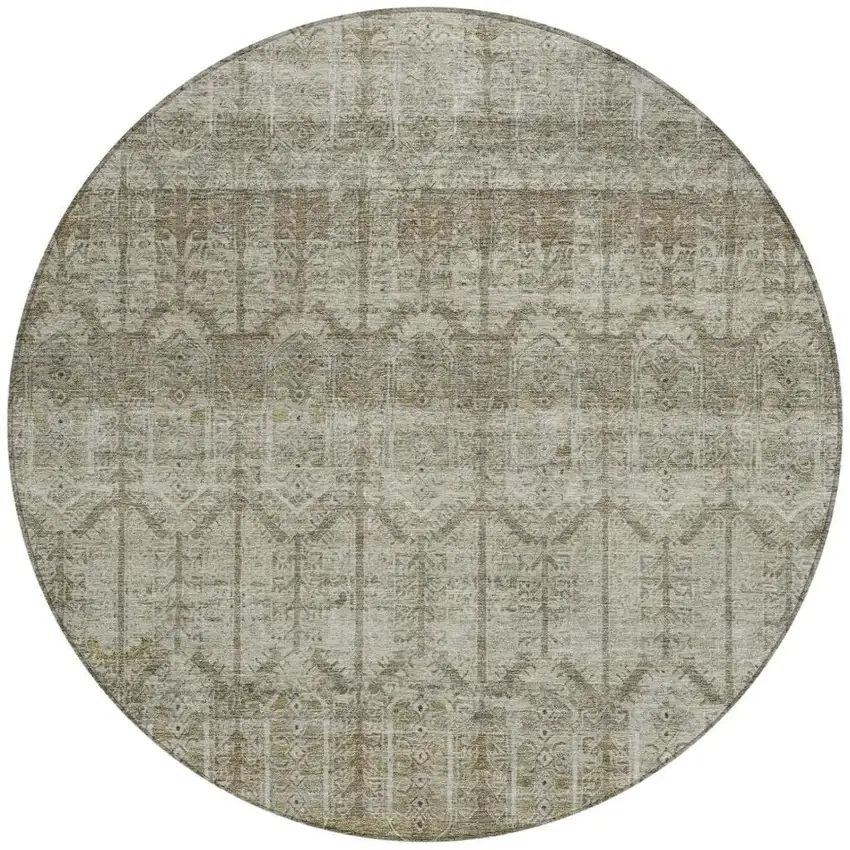 8' Beige And Brown Round Tribal Washable Indoor Outdoor Area Rug Photo 2