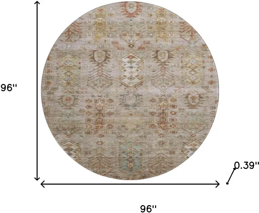 8' Beige And Brown Southwestern Washable Round Rug With UV Protection Photo 8