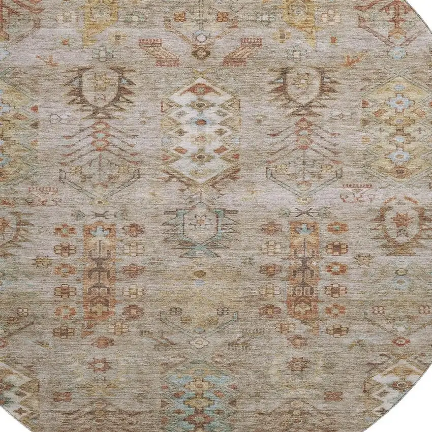 8' Beige And Brown Southwestern Washable Round Rug With UV Protection Photo 3