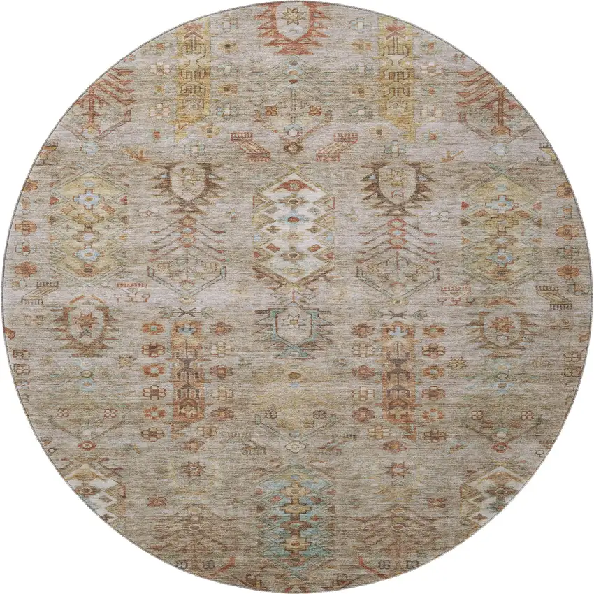 8' Beige And Brown Southwestern Washable Round Rug With UV Protection Photo 4