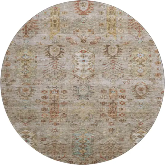 8' Beige And Brown Southwestern Washable Round Rug With UV Protection Photo 1