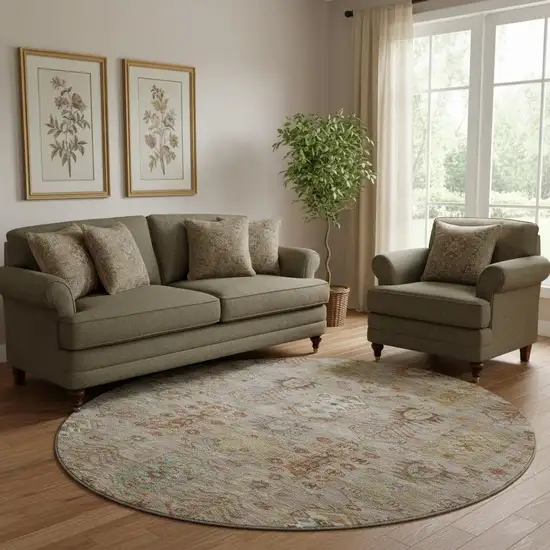 8' Beige And Brown Southwestern Washable Round Rug With UV Protection Photo 2