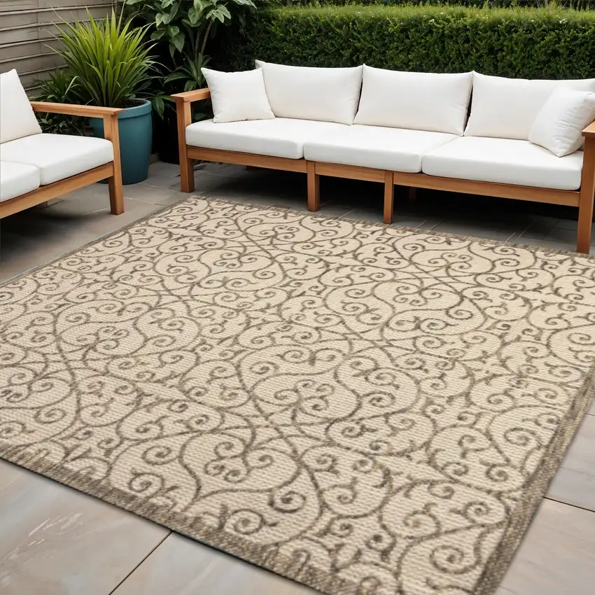 8' Beige And Brown Square Geometric Indoor Outdoor Area Rug Photo 1
