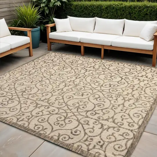 9' Beige And Brown Square Geometric Indoor Outdoor Area Rug Photo 1