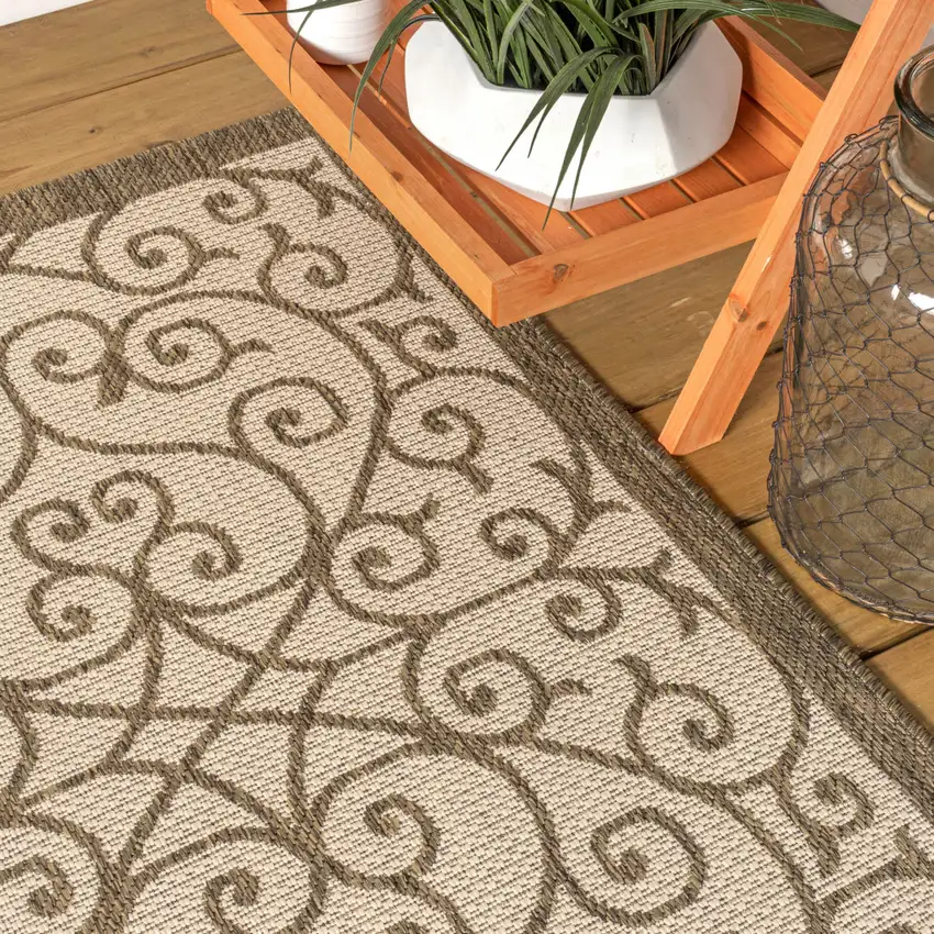 9' Beige And Brown Square Geometric Indoor Outdoor Area Rug Photo 7