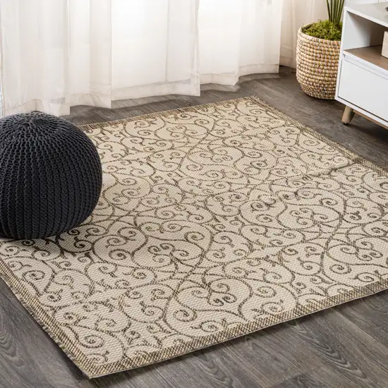 9' Beige And Brown Square Geometric Indoor Outdoor Area Rug Photo 4