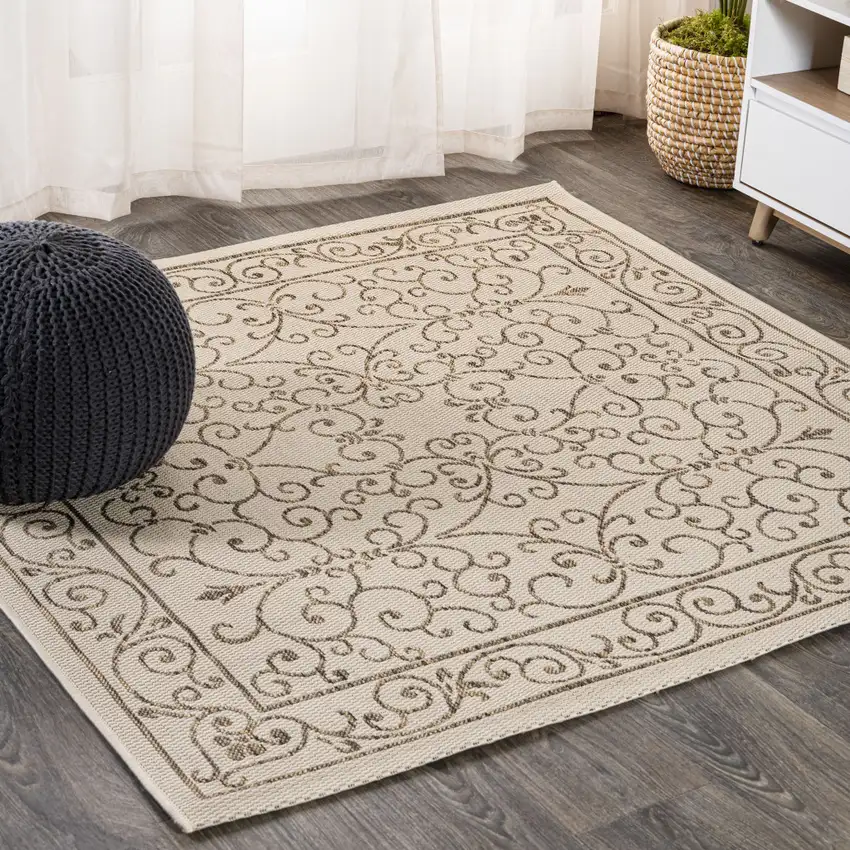 6' Beige And Brown Square Medallion Indoor Outdoor Area Rug Photo 4