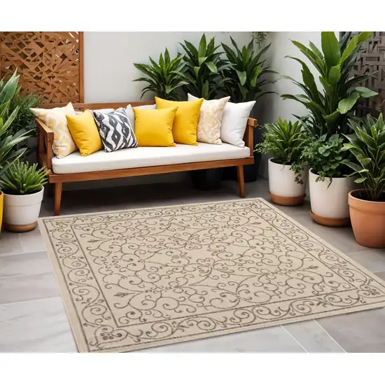 6' Beige And Brown Square Medallion Indoor Outdoor Area Rug Photo 1
