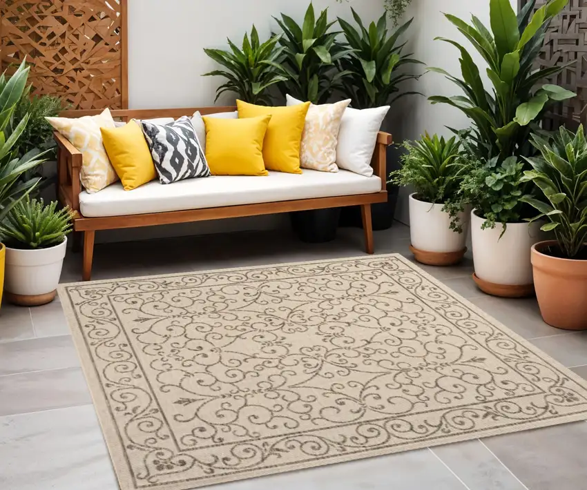 6' Beige And Brown Square Medallion Indoor Outdoor Area Rug Photo 1