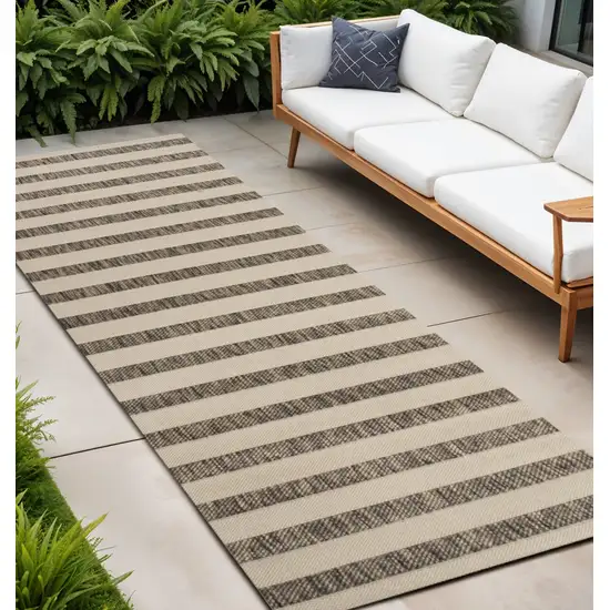 10' Beige And Brown Striped Indoor Outdoor Runner Rug Photo 1