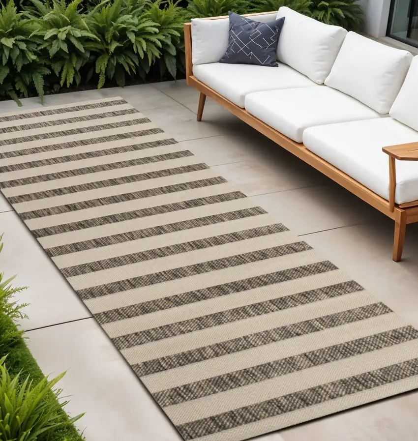 10' Beige And Brown Striped Indoor Outdoor Runner Rug Photo 1